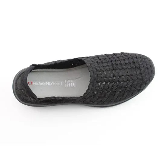 Heavenly Feet Cosmos3 women's black textile vegan elasticated slip-on shoes with woven design and cushioned comfort.