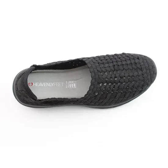 Heavenly Feet Cosmos3 women's black textile vegan elasticated slip-on shoes with woven design and cushioned comfort.