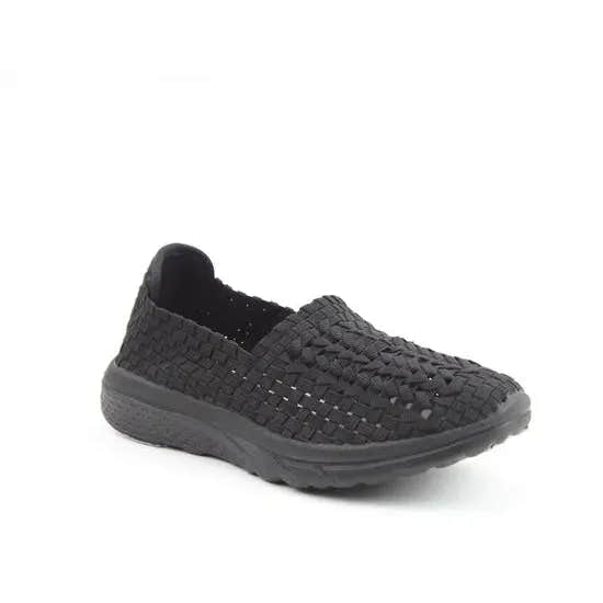 Heavenly Feet Cosmos3 women's black textile vegan slip-on shoes with elasticated design and cushioned sole.