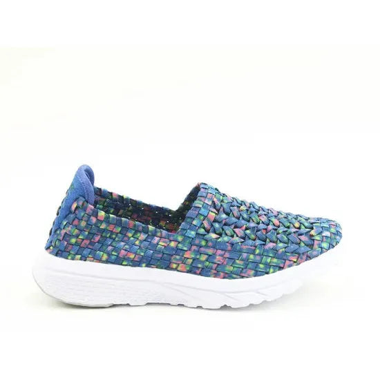 Heavenly Feet Cosmos3 ladies' blue multi textile vegan elasticated slip-on shoes with white sole.