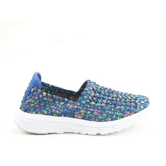 Heavenly Feet Cosmos3 ladies' blue multi textile vegan elasticated slip-on shoes with white sole.