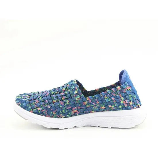 Heavenly Feet Cosmos3 women’s blue multi textile vegan elastic slip-on shoes with white sole.