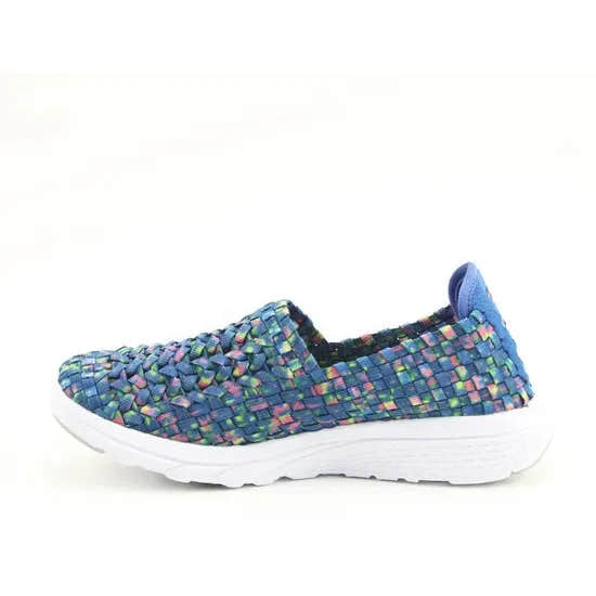 Heavenly Feet Cosmos3 women’s blue multi textile vegan elastic slip-on shoes with white sole.