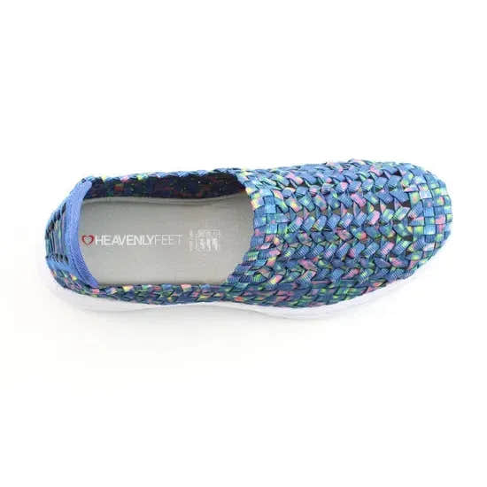 Heavenly Feet Cosmos3 women's blue multi-textile vegan slip-on shoes with elasticated design and woven appearance.