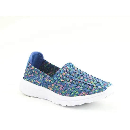 Heavenly Feet Cosmos3 ladies' blue multi-textile vegan elasticated slip-on shoes with white sole.