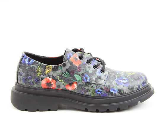 Women's floral Poppy vegan lace-up shoes with black multi-color design, chunky sole, and comfort fit.