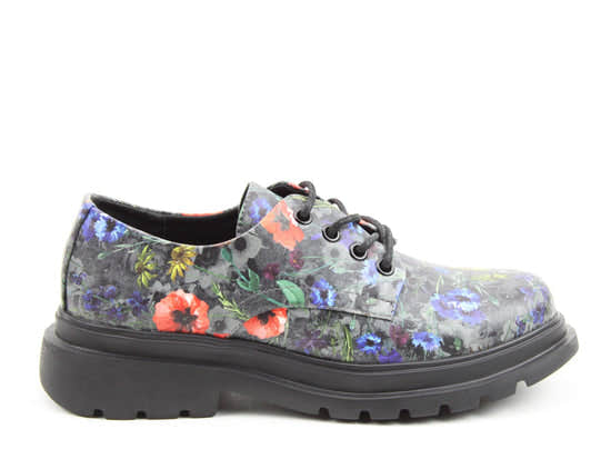 Women's floral Poppy vegan lace-up shoes with black multi-color design, chunky sole, and comfort fit.
