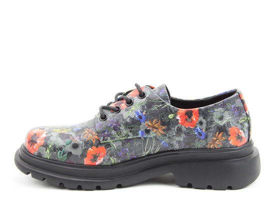 Heavenly Feet Cove floral vegan lace-up ladies' shoes with black sole and colorful poppy and floral pattern.