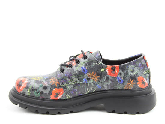 Heavenly Feet Cove floral vegan lace-up ladies' shoes with black sole and colorful poppy and floral pattern.