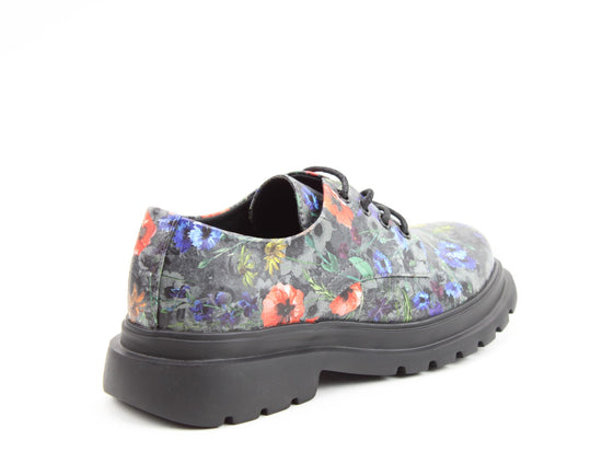 Heavenly Feet Cove floral vegan lace-up shoes for women, black multi-color poppy design, chunky sole, stylish and eco-friendly footwear.