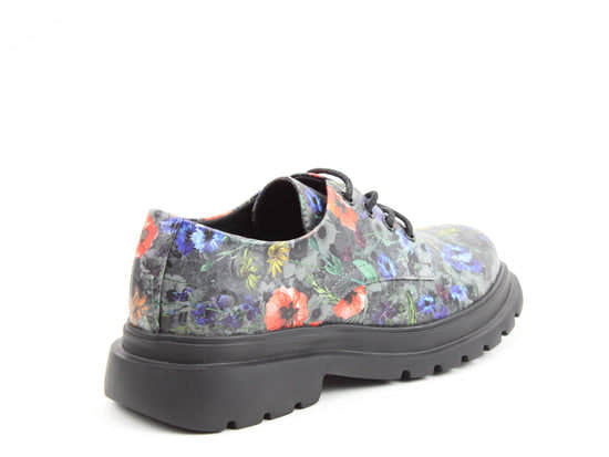 Heavenly Feet Cove floral vegan lace-up shoes for women, black multi-color poppy design, chunky sole, stylish and eco-friendly footwear.