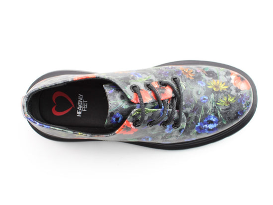 Heavenly Feet Cove Floral Poppy women's vegan lace-up shoes, black multi-color with floral pattern, casual and stylish footwear.