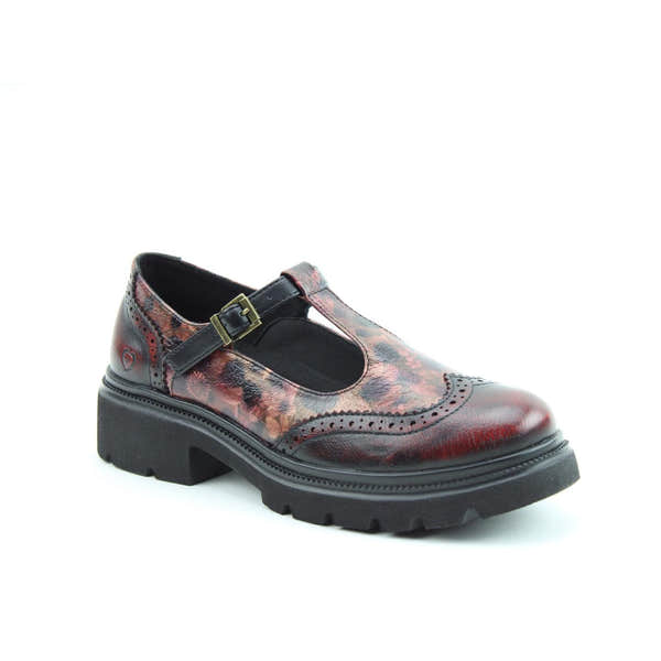 Heavenly Feet Cradle Ladies Black/Burgundy Vegan Brogue T-Bar Buckle Shoes, front three-quarter product view.