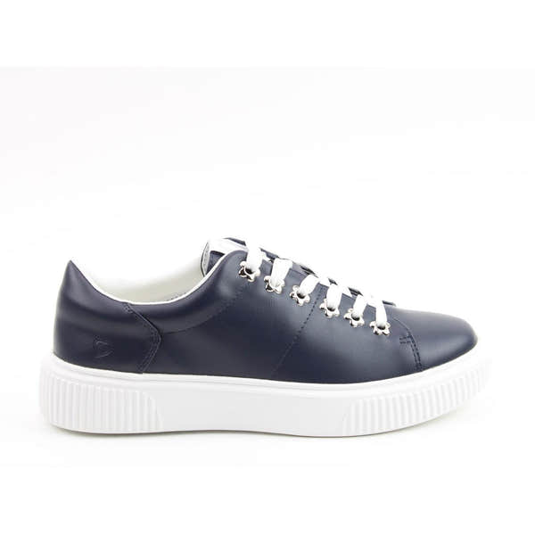 Heavenly Feet Feather Ladies Navy Vegan Slip-On Trainers with white rubber soles and lace-up design.