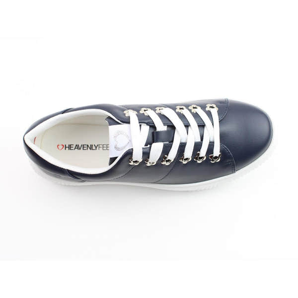 Heavenly Feet Feather Ladies Navy Vegan Slip-On Trainers with white laces and sole, stylish casual footwear.