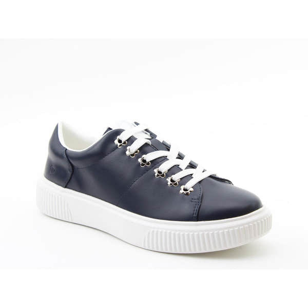 Heavenly Feet Feather Ladies navy vegan slip-on trainers with white laces and sole, stylish and eco-friendly footwear.
