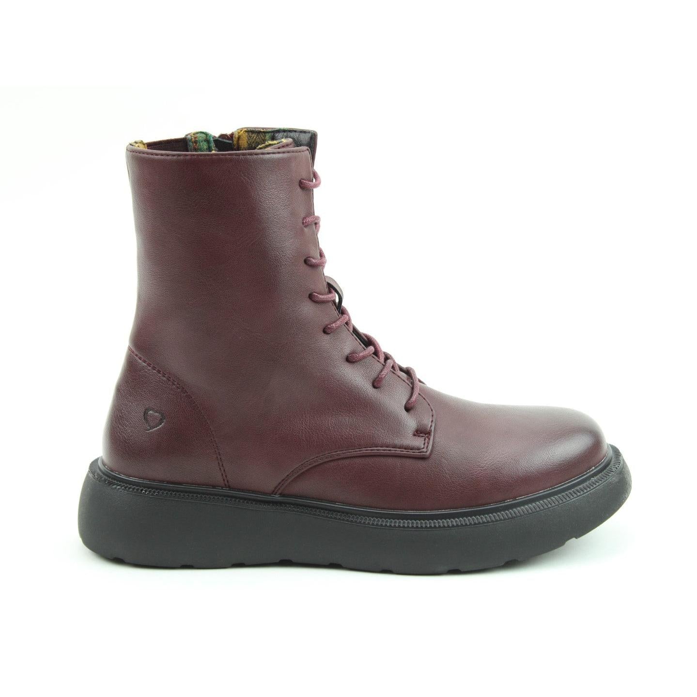 Heavenly Feet Fern Ladies Burgundy Vegan Zip & Lace Ankle Boots with black sole and decorative heart detail.