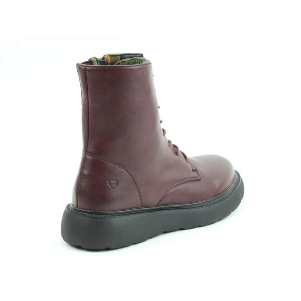 Heavenly Feet Fern Ladies Burgundy Vegan Zip & Lace Ankle Boots with chunky sole and plaid lining, stylish and eco-friendly footwear.