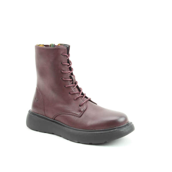 Heavenly Feet Fern Ladies Burgundy Vegan Zip & Lace Ankle Boots with a chunky black sole and decorative side heart detail.