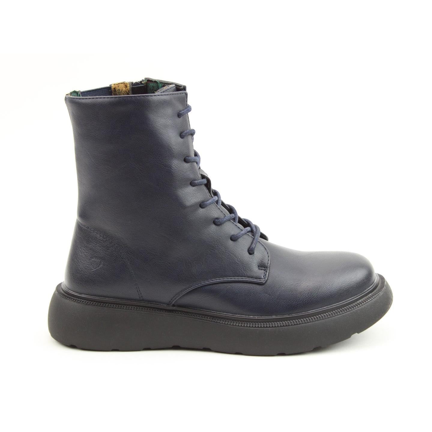 Heavenly Feet Fern Ladies Navy Vegan Zip & Lace Ankle Boots with a chunky sole and front laces, made from vegan leather.