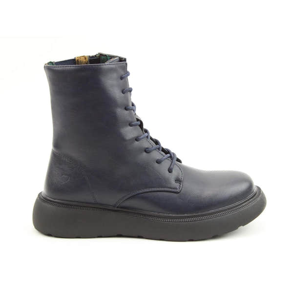 Heavenly Feet Fern Ladies Navy Vegan Zip & Lace Ankle Boots with a chunky sole and front laces, made from vegan leather.