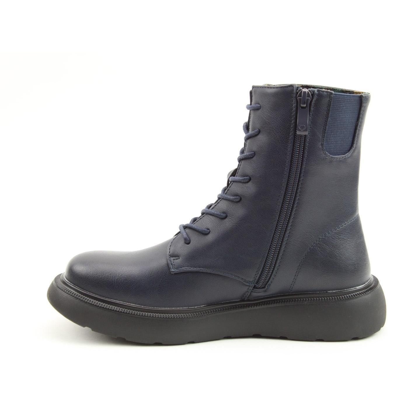Heavenly Feet Fern Ladies Navy Vegan Zip & Lace Ankle Boots with side zipper, lace-up front, and chunky sole on a white background.