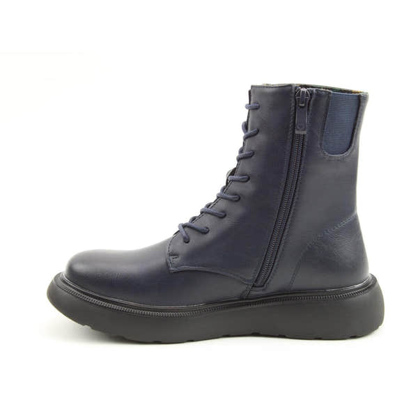 Heavenly Feet Fern Ladies Navy Vegan Zip & Lace Ankle Boots with side zipper, lace-up front, and chunky sole on a white background.