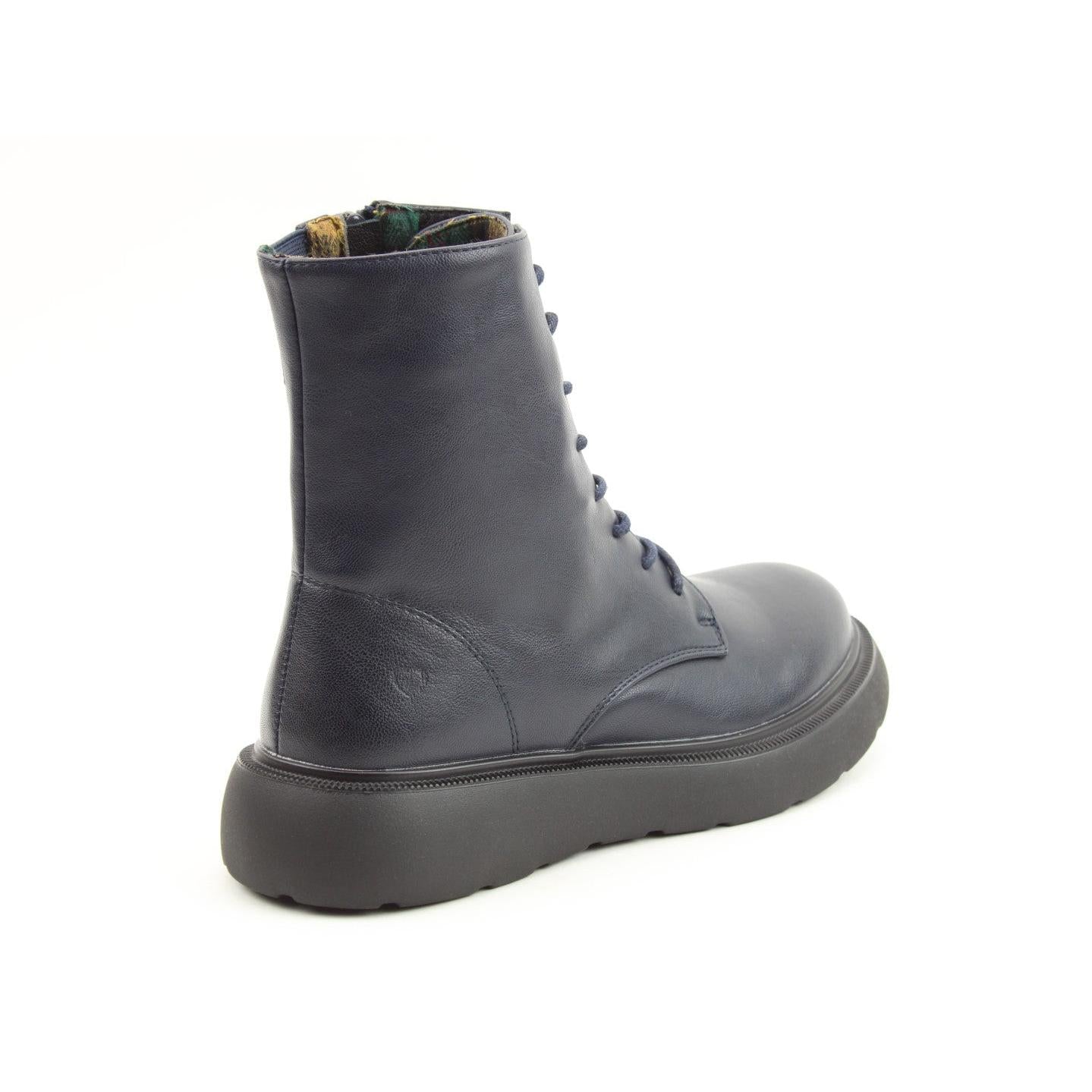 Heavenly Feet Fern Ladies Navy Vegan Zip & Lace Ankle Boots, stylish slip-on design with zipper and lace details, chunky sole, mock toe.