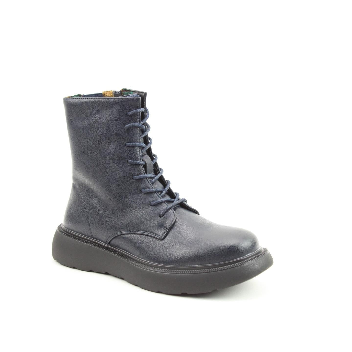 Heavenly Feet Fern Ladies Navy Vegan Zip & Lace Ankle Boots with chunky sole and stitching details on smooth faux leather.