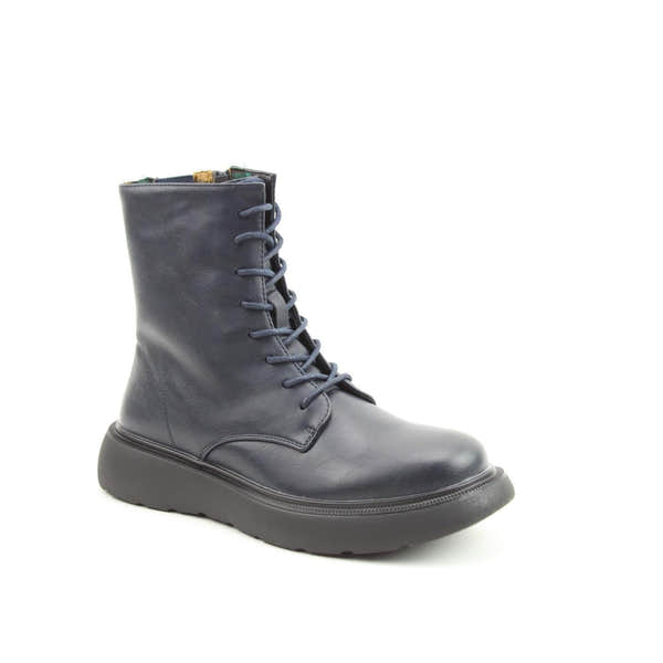 Heavenly Feet Fern Ladies Navy Vegan Zip & Lace Ankle Boots with chunky sole and stitching details on smooth faux leather.