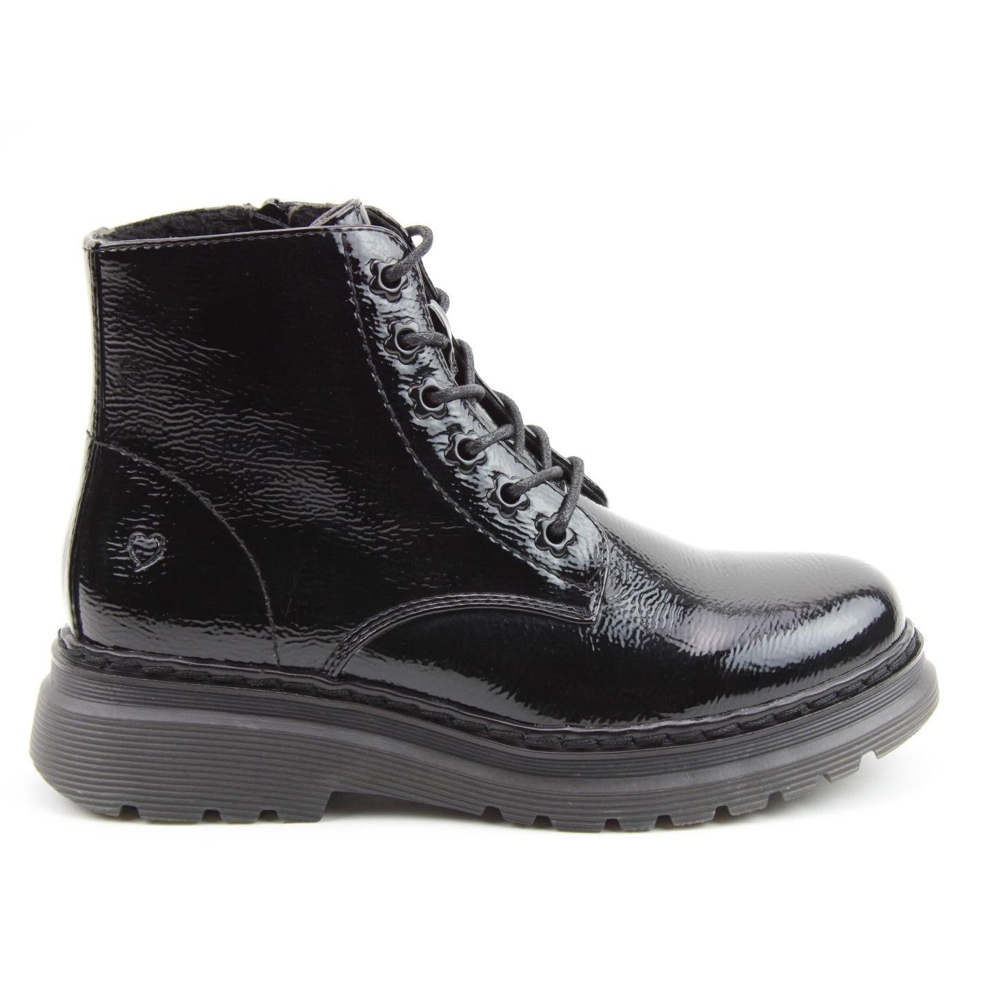 Heavenly Feet Hattie women's black patent vegan ankle boots with zip and lace-up front, chunky sole, and glossy finish.
