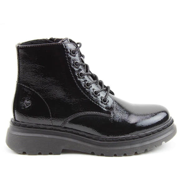Heavenly Feet Hattie women's black patent vegan ankle boots with zip and lace-up front, chunky sole, and glossy finish.