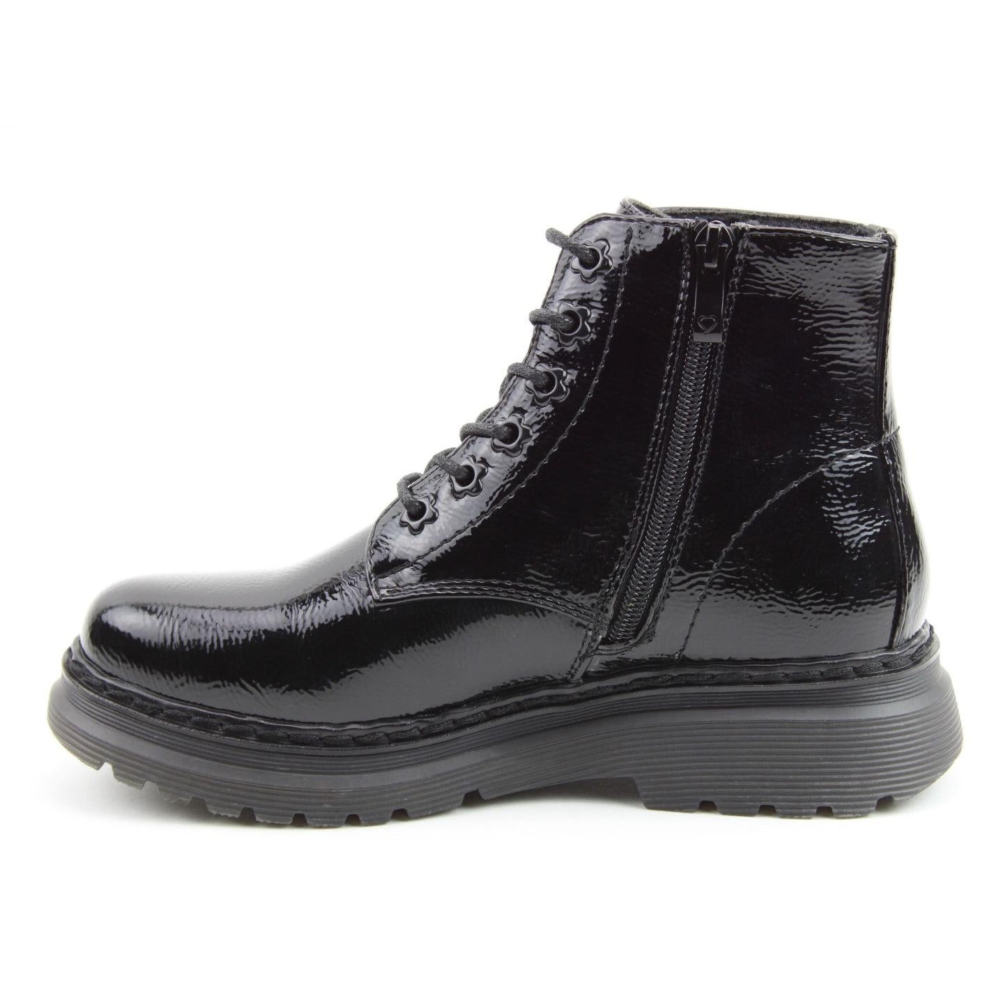 Heavenly Feet Hattie women's black patent vegan ankle boots with laces, side zipper, and chunky sole design.