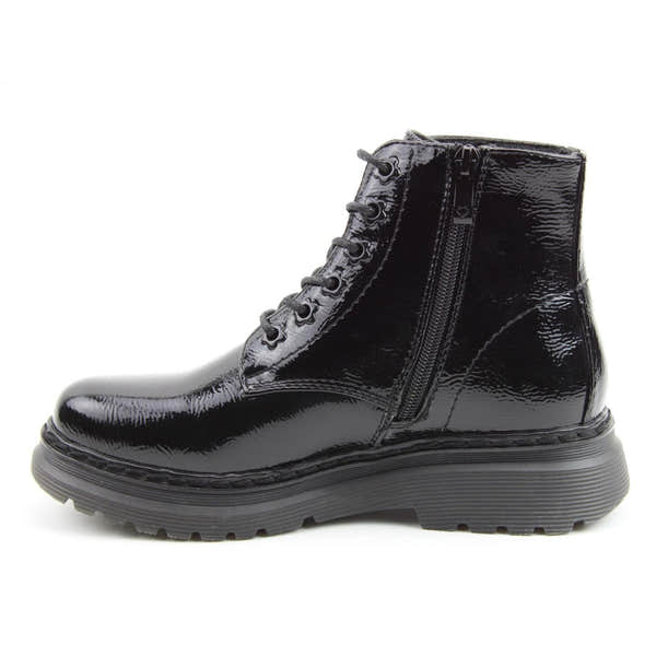 Heavenly Feet Hattie women's black patent vegan ankle boots with laces, side zipper, and chunky sole design.
