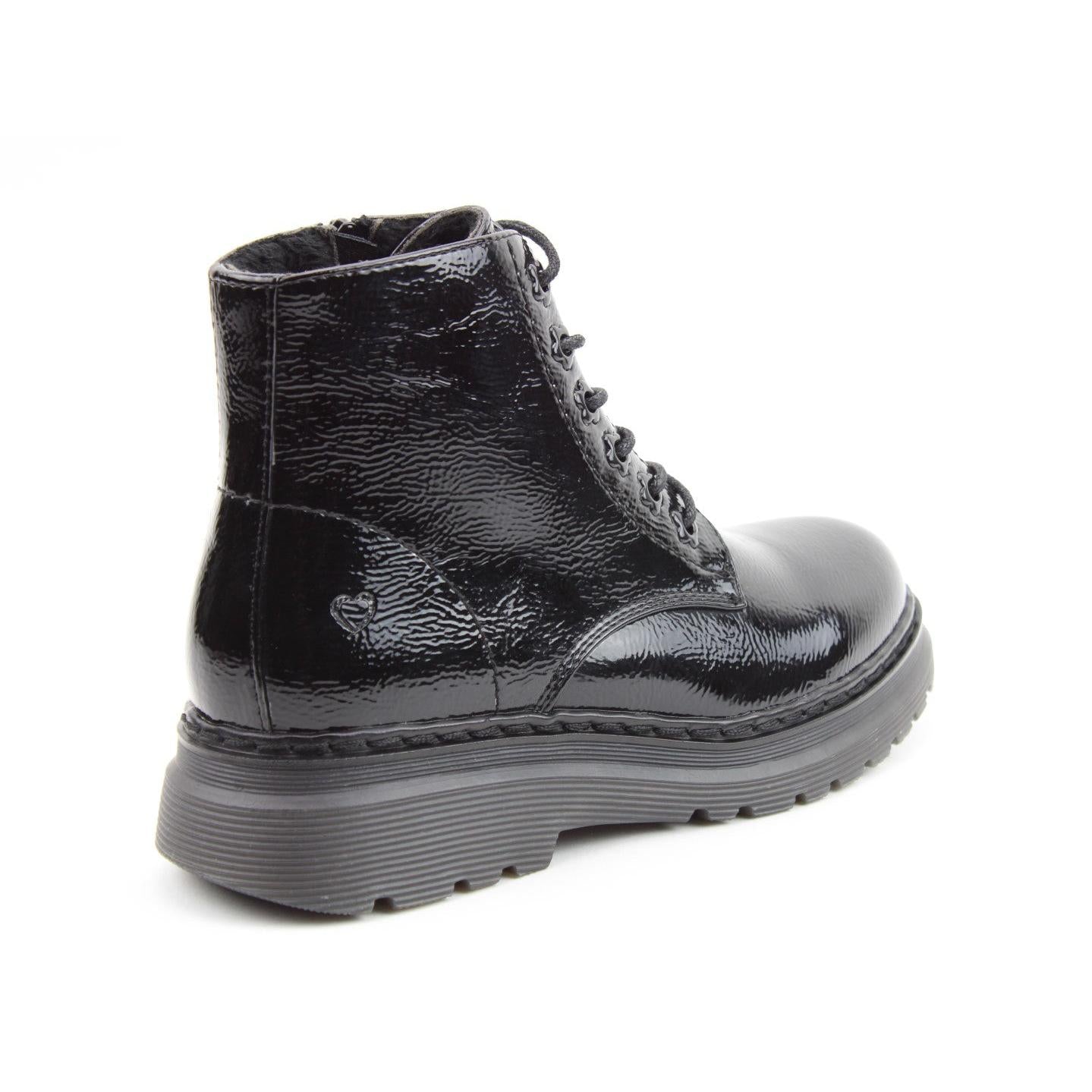 Heavenly Feet Hattie Ladies Black Patent Vegan Lace & Zip Ankle Boots with chunky sole.