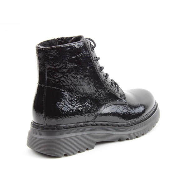 Heavenly Feet Hattie Ladies Black Patent Vegan Lace & Zip Ankle Boots with chunky sole.