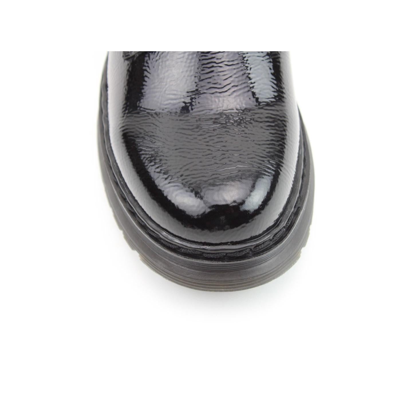 Heavenly Feet Hattie women's black patent vegan ankle boots with zip and lace-up design, shiny finish, and chunky sole.