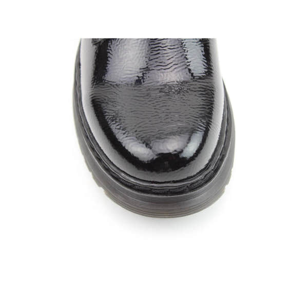 Heavenly Feet Hattie women's black patent vegan ankle boots with zip and lace-up design, shiny finish, and chunky sole.