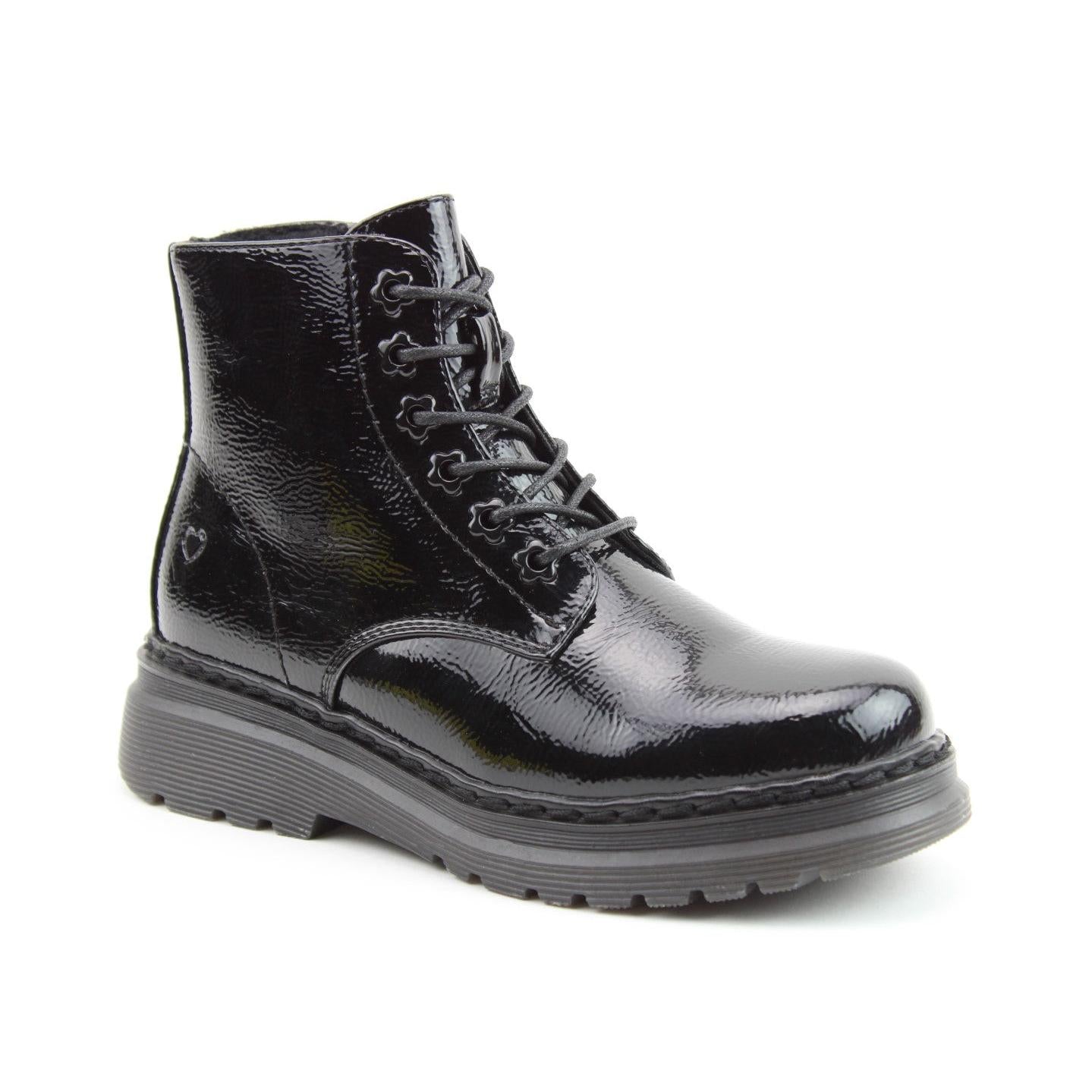Heavenly Feet Hattie women's black patent vegan ankle boots with zip and lace-up fronts, chunky sole, stylish and comfortable footwear.