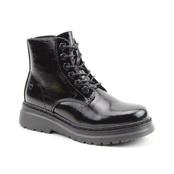 Heavenly Feet Hattie women's black patent vegan ankle boots with zip and lace-up fronts, chunky sole, stylish and comfortable footwear.