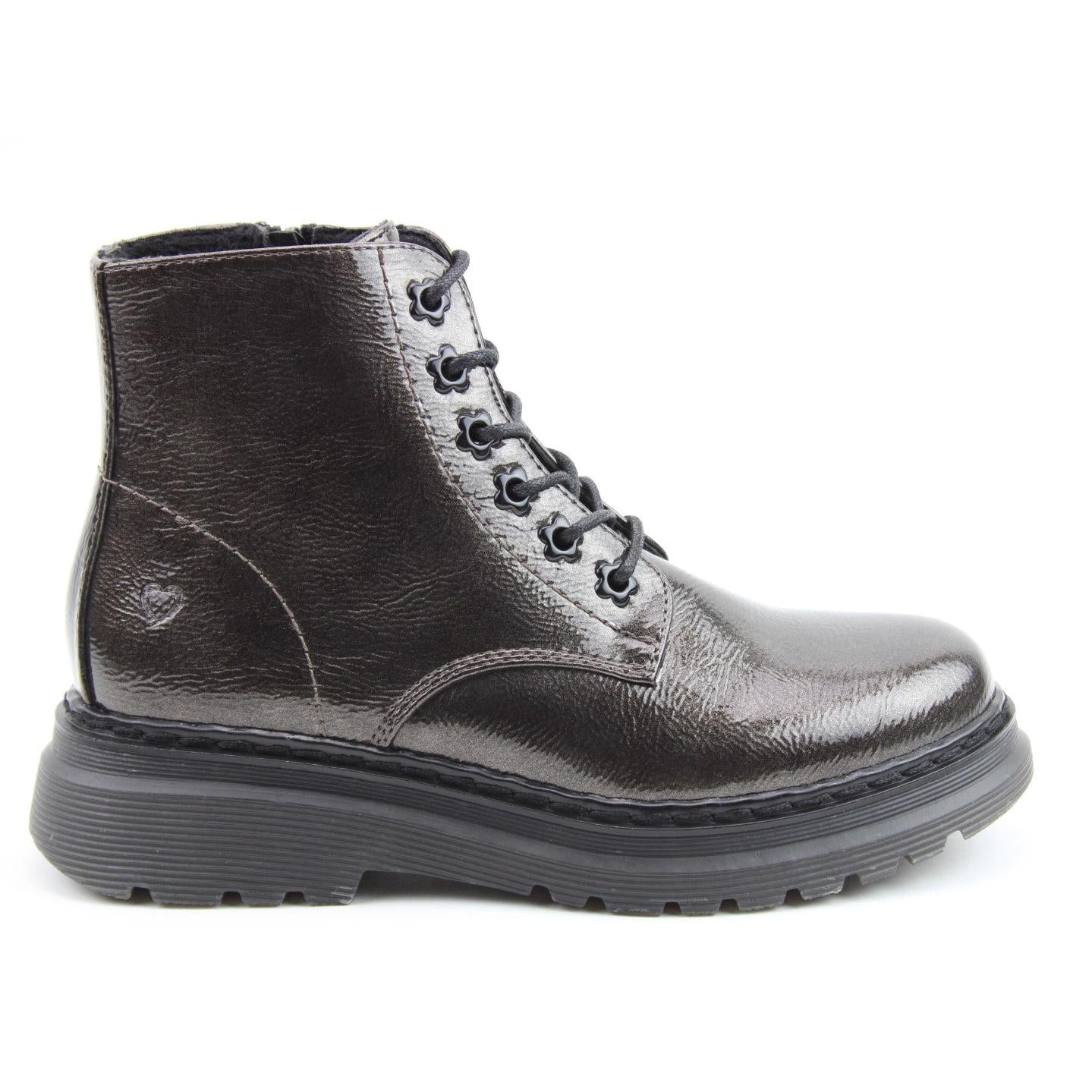 Heavenly Feet Hattie Ladies Pewter Patent Vegan Zip & Lace Ankle Boots with chunky sole and stylish design.