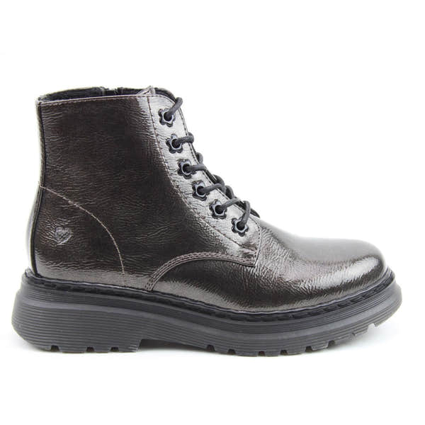 Heavenly Feet Hattie Ladies Pewter Patent Vegan Zip & Lace Ankle Boots with chunky sole and stylish design.
