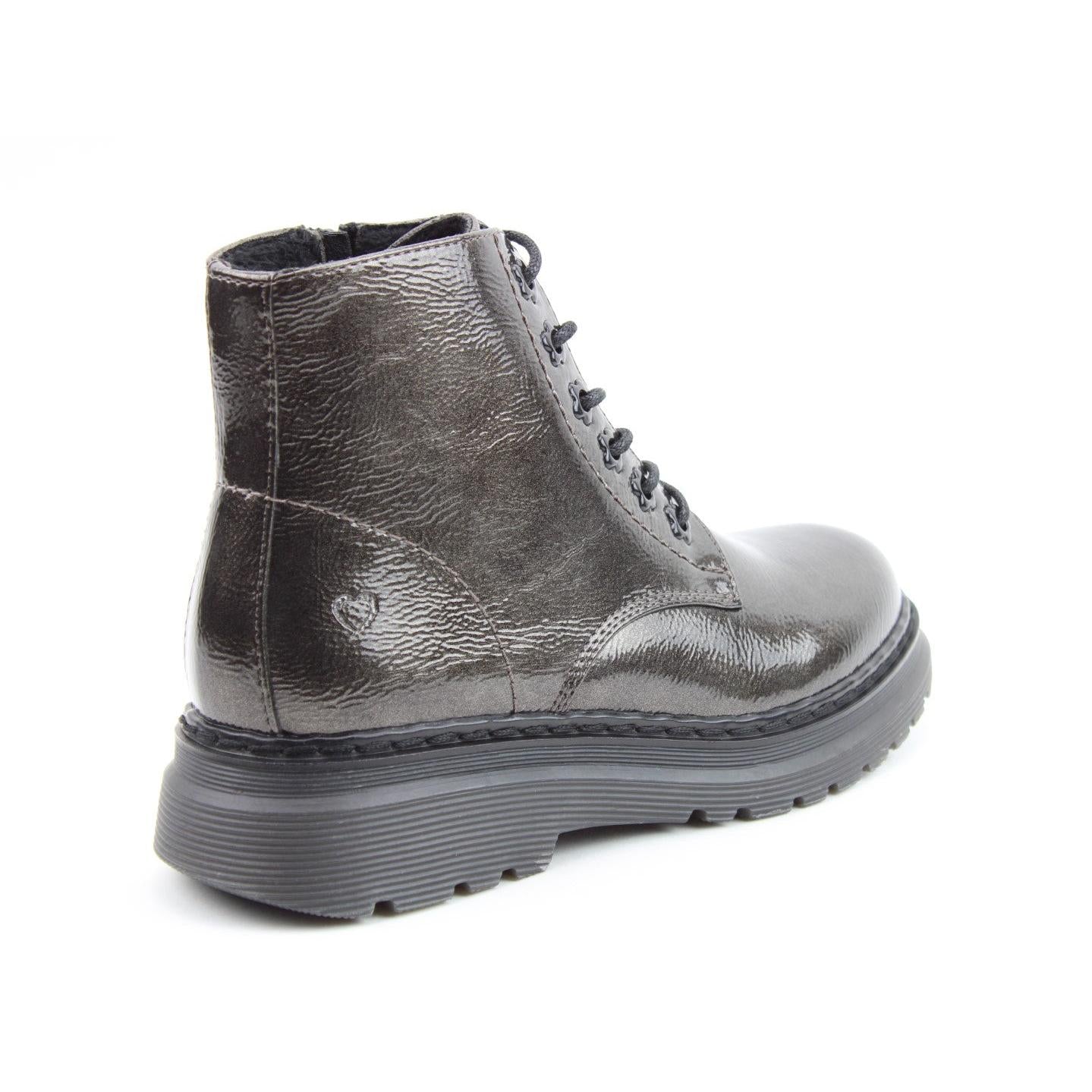Heavenly Feet Hattie women's pewter patent vegan ankle boots with lace-up and zip closure, chunky sole, and textured finish.