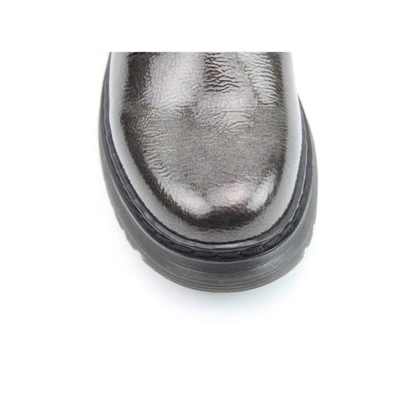 Heavenly Feet Hattie women’s pewter patent vegan ankle boots with zip and lace, chunky sole, rounded toe.