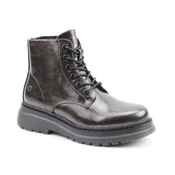 Heavenly Feet Hattie women's pewter patent vegan ankle boots with zip and lace-up closure, chunky sole, stylish and eco-friendly footwear.