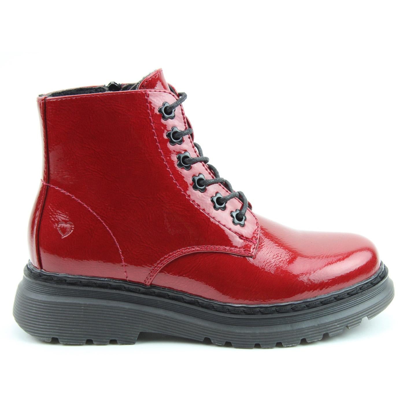 Heavenly Feet Hattie women's red vegan patent ankle boots with lace-up and zip closure, chunky sole, and shiny finish.