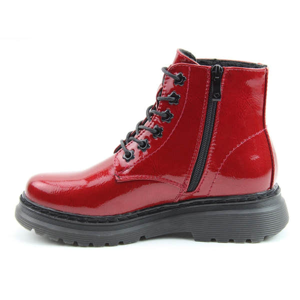 Heavenly Feet Hattie women's red patent vegan ankle boots with lace-up design, side zipper, and chunky sole.