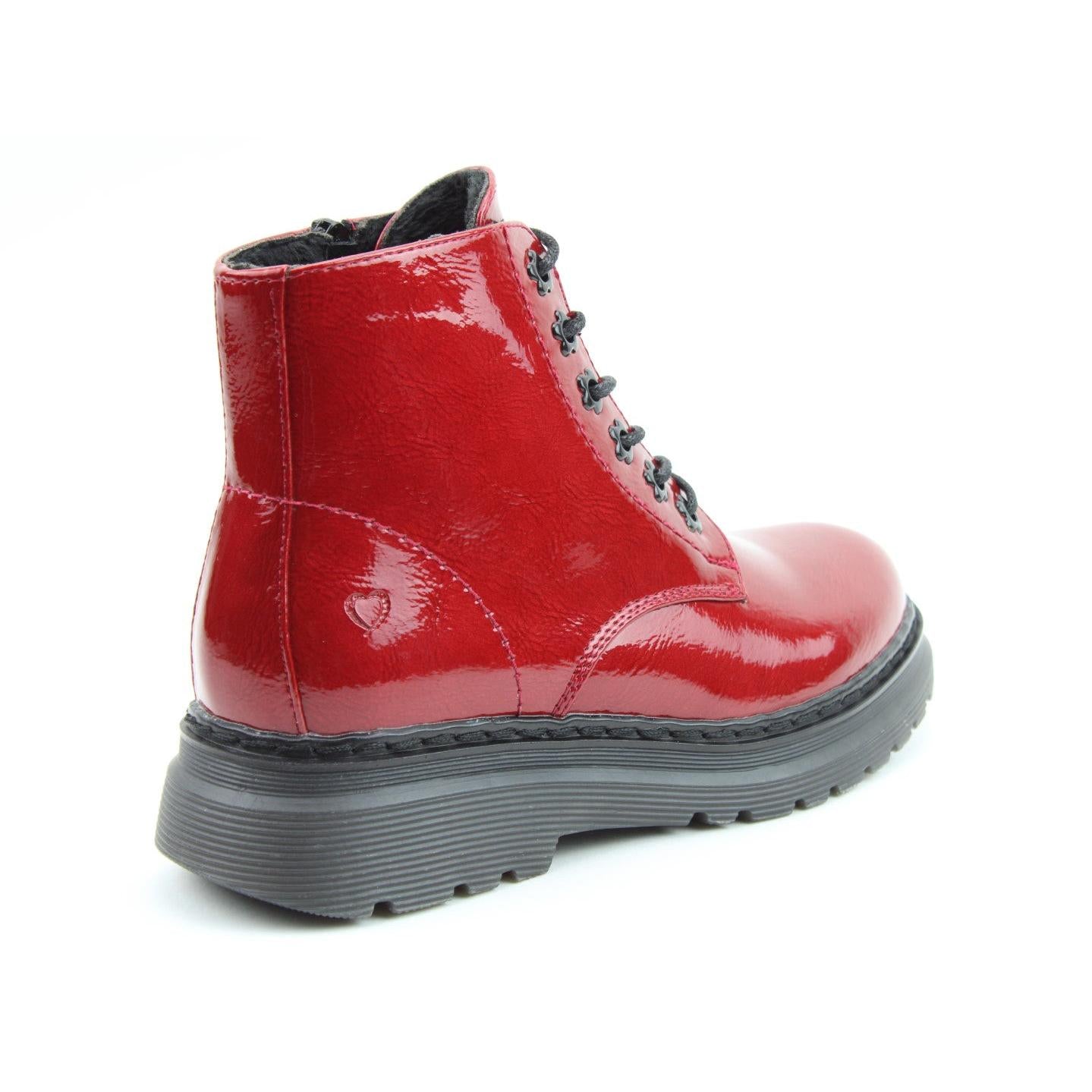 Heavenly Feet Hattie women's red vegan patent ankle boots with heel zip and lace-up closure.
