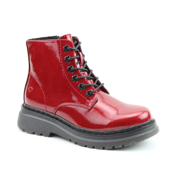 Red patent vegan ankle boots with lace-up and zip closure, chunky black sole, stylish and eco-friendly footwear for women.