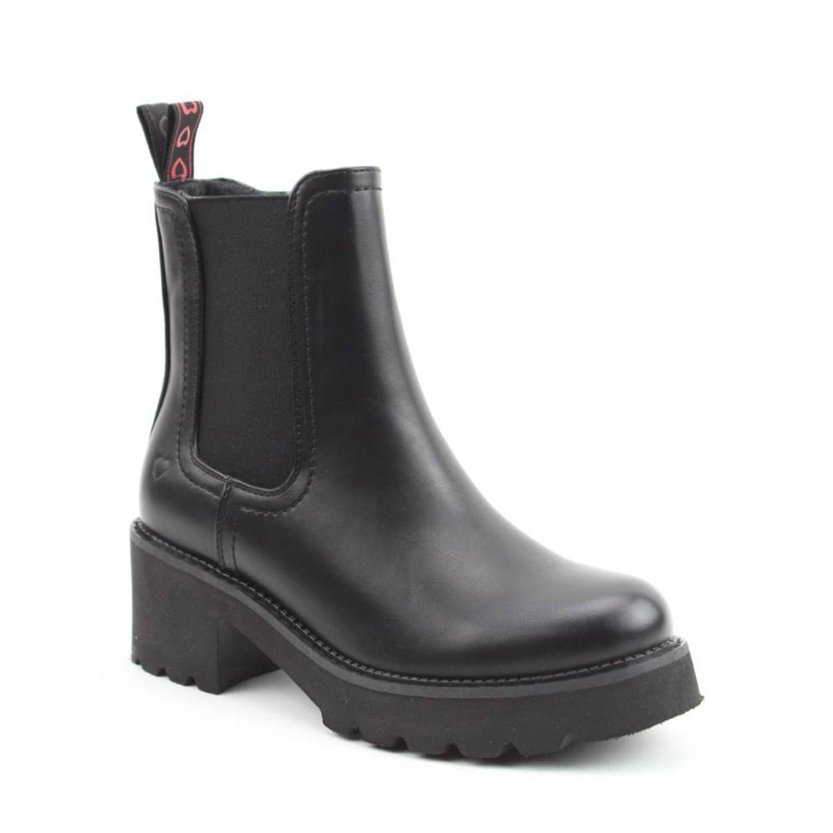 Heavenly Feet Honeybelle women's black vegan pull-on ankle boots with chunky heel and rugged sole.